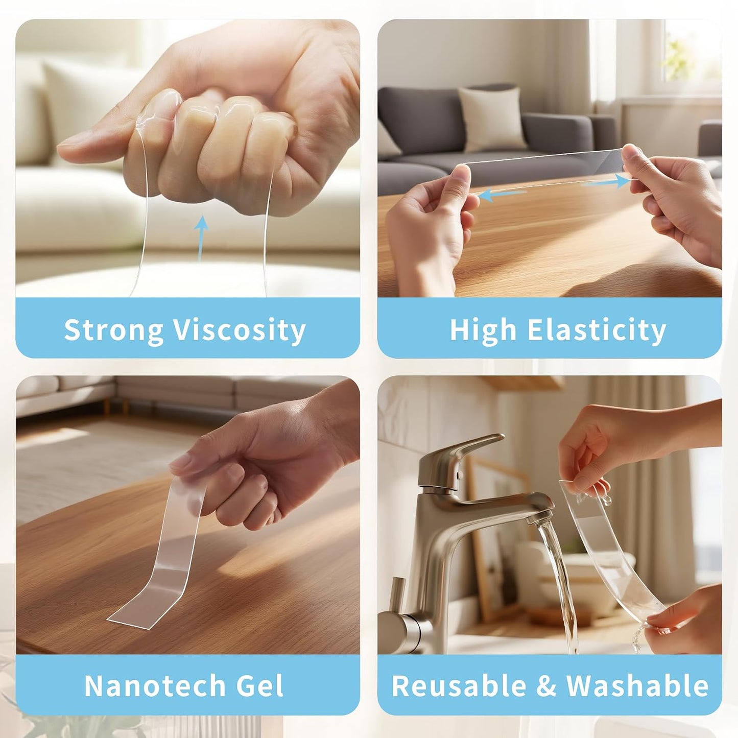 Heavy Duty Double Sided Tape, 1.18 x 80 in, Clear, 1 Pack | Removable washable nano gel holds 6 lbs per 4 sq in; protective case for carpet, posters, pictures, home office and RV