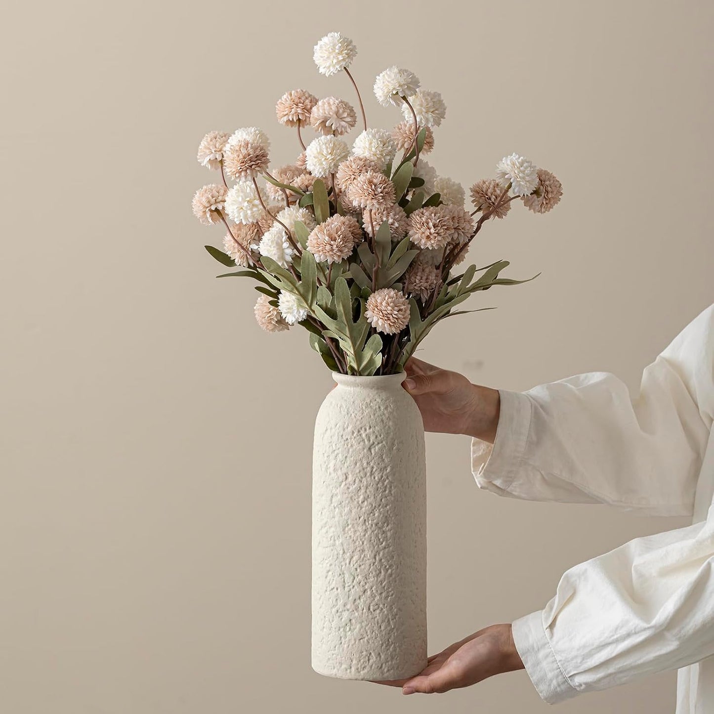 Ceramic Vase Set-3, Small Flower Vases for Decor, Modern Boho Farmhouse Style, Decorative Vases for Pampas Grass & Dried Flowers, Distressed Finish (Beige)