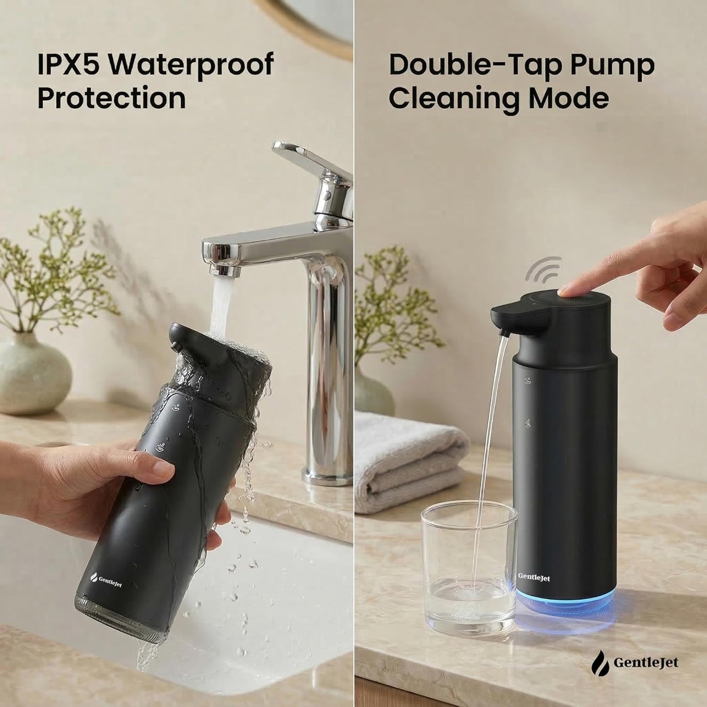 GentleJet CrystalJet Automatic Foam Soap Dispenser – Stainless Steel, Touchless Sensor, USB-C Rechargeable, Waterproof, Modern Bathroom & Kitchen Sink, 300 ml