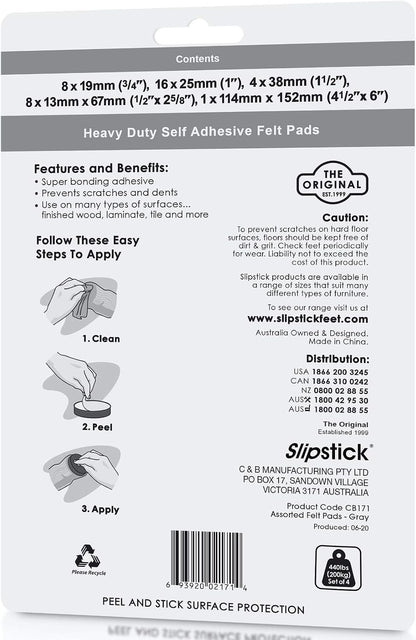Slipstick Premium Wool Felt Furniture Pads/Floor Protectors (1 Inch Round Value Pack) Includes 40 Heavy-Duty Felt Chair Leg Pads with Self-Stick Adhesive, Gray, CB115