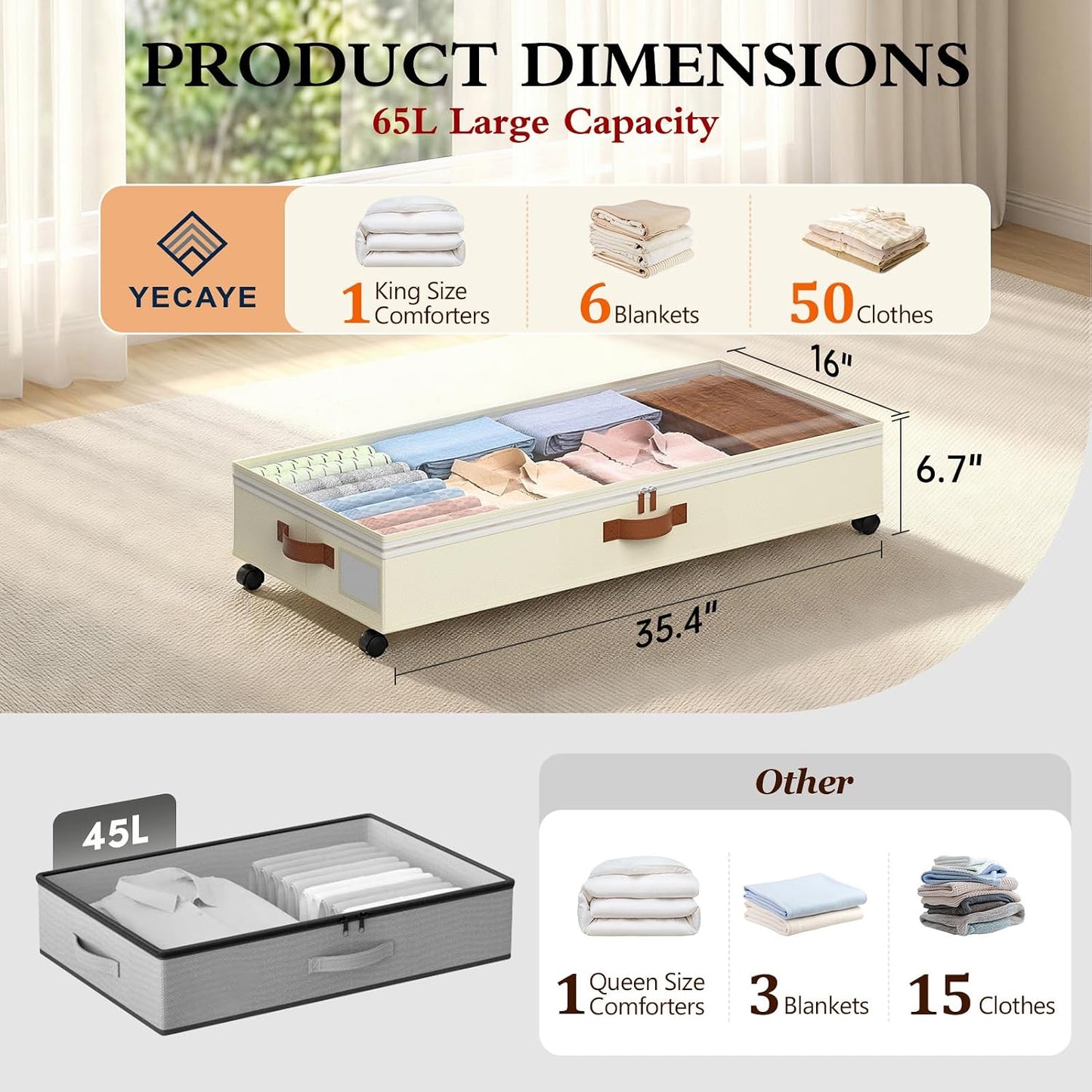 Yecaye Under Bed Storage with Wheels, 2 Pack Under Bed Storage Containers with Adjustable Dividers & Clear Lid, Rolling Underbed Organizer Bins Drawer for Clothes, Shoes, Blankets(30.3 x 16 x 6.7in)