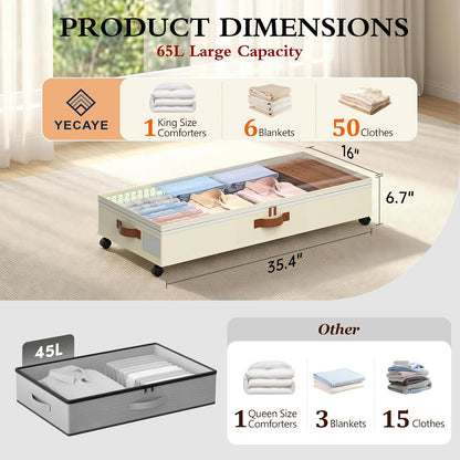 Yecaye Under Bed Storage with Wheels, 2 Pack Under Bed Storage Containers with Adjustable Dividers & Clear Lid, Rolling Underbed Organizer Bins Drawer for Clothes, Shoes, Blankets(30.3 x 16 x 6.7in)
