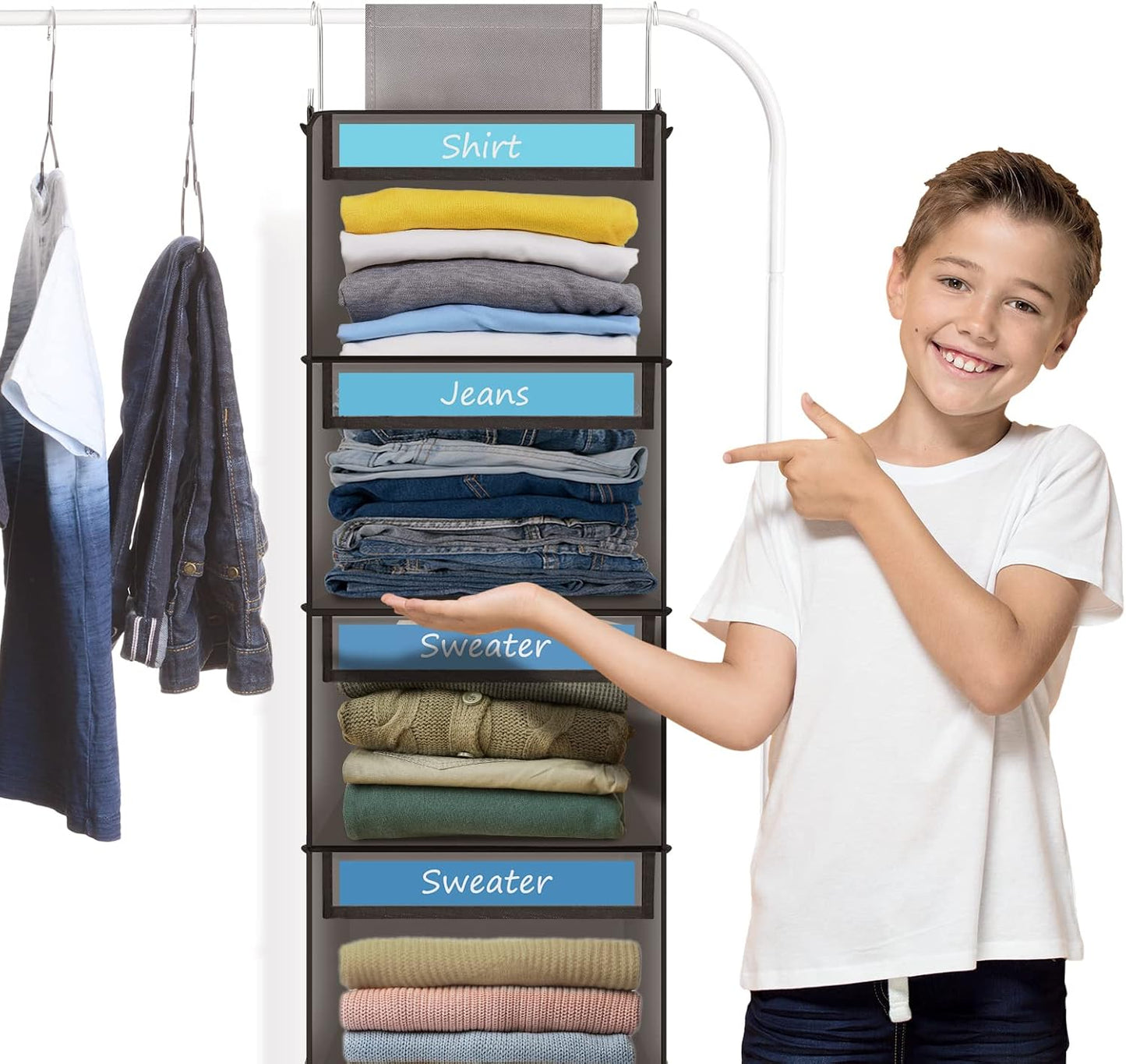 Fixwal 6-Shelf Weekly Clothes Organizer for Kids, Kids Daily Shelf Hanging Closet Organizer with 6 Side Pockets, Days of The Week Hanging Storage Shelves (Pink)