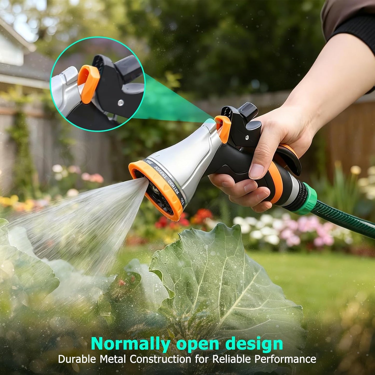 QUOBAS Metal Garden Hose Nozzle, Heavy Duty Water Hose Sprayer, Leak Proof | 10 Pattern Water Nozzle with Rubber Gasket, Garden Sprayer for Watering Plants, Washing Cars, Pet Shower, Blue