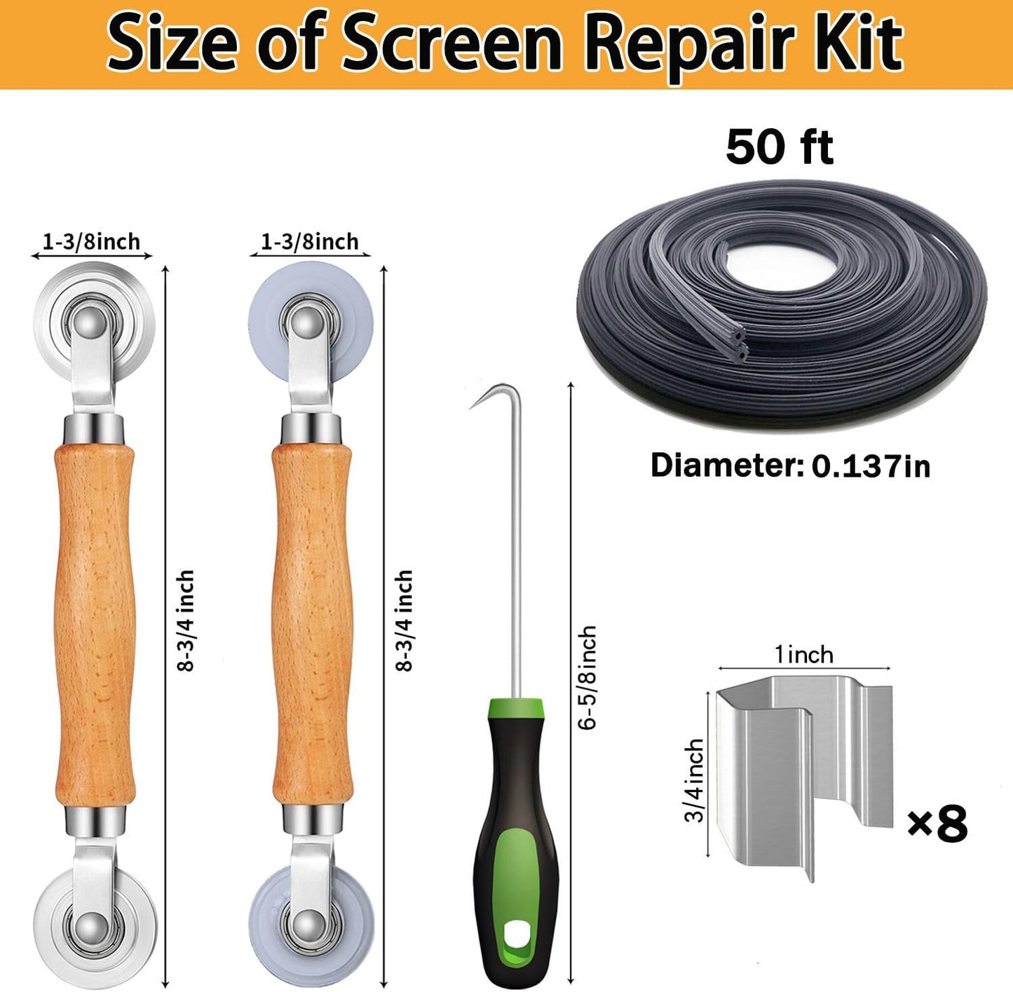 King&Charles Window Screen Door Repair/Replacement Kit, Include Black Screen Mesh 48"x118"+ 2 Roller+50Ft Spline+8Clips+Hook, 6 in 1 Window Mesh Kit, Steel/Nylon Bearing Roller