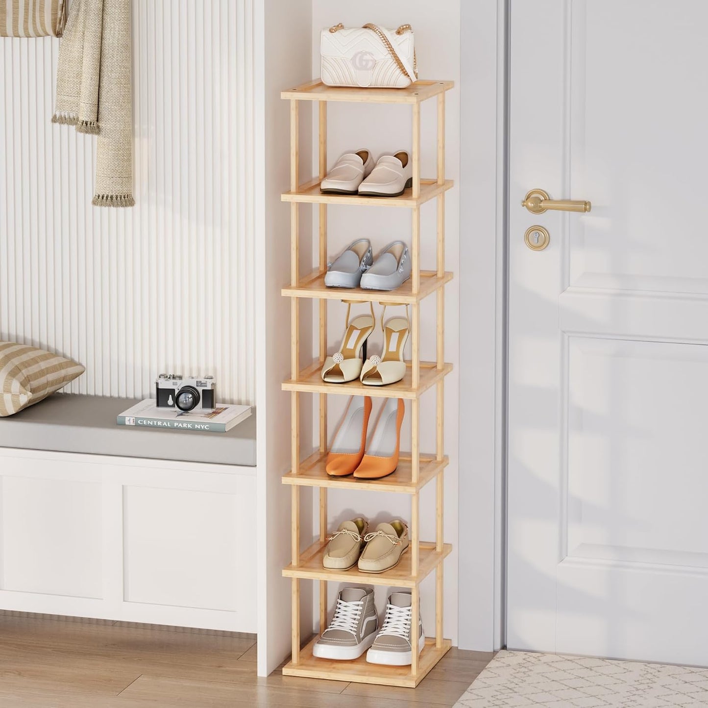 Vertical Tall Shoe Rack Organizer for Entryway -7 Tier Free Standing Slim Narrow Bamboo Wood Corner Stackable Shoe Boots Storage Stand Small Spaces for Closet Garage Cloakroom Living Room (Black)