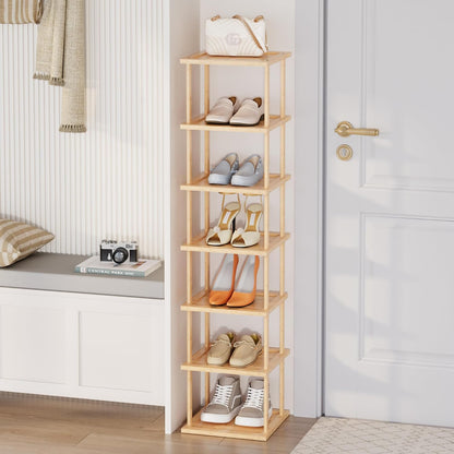 Vertical Tall Shoe Rack Organizer for Entryway -7 Tier Free Standing Slim Narrow Bamboo Wood Corner Stackable Shoe Boots Storage Stand Small Spaces for Closet Garage Cloakroom Living Room (Black)