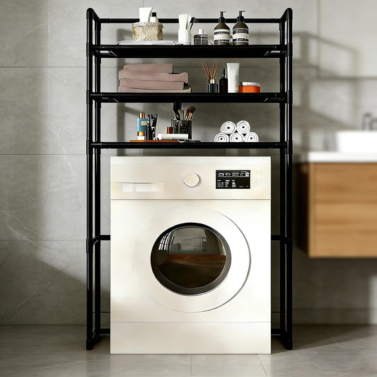 Over The Washer Storage Shelf – Multi-Tier Laundry Room Organizer, Space-Saving Over Washer Shelf with Dual Color Options (Black/White)(Black)
