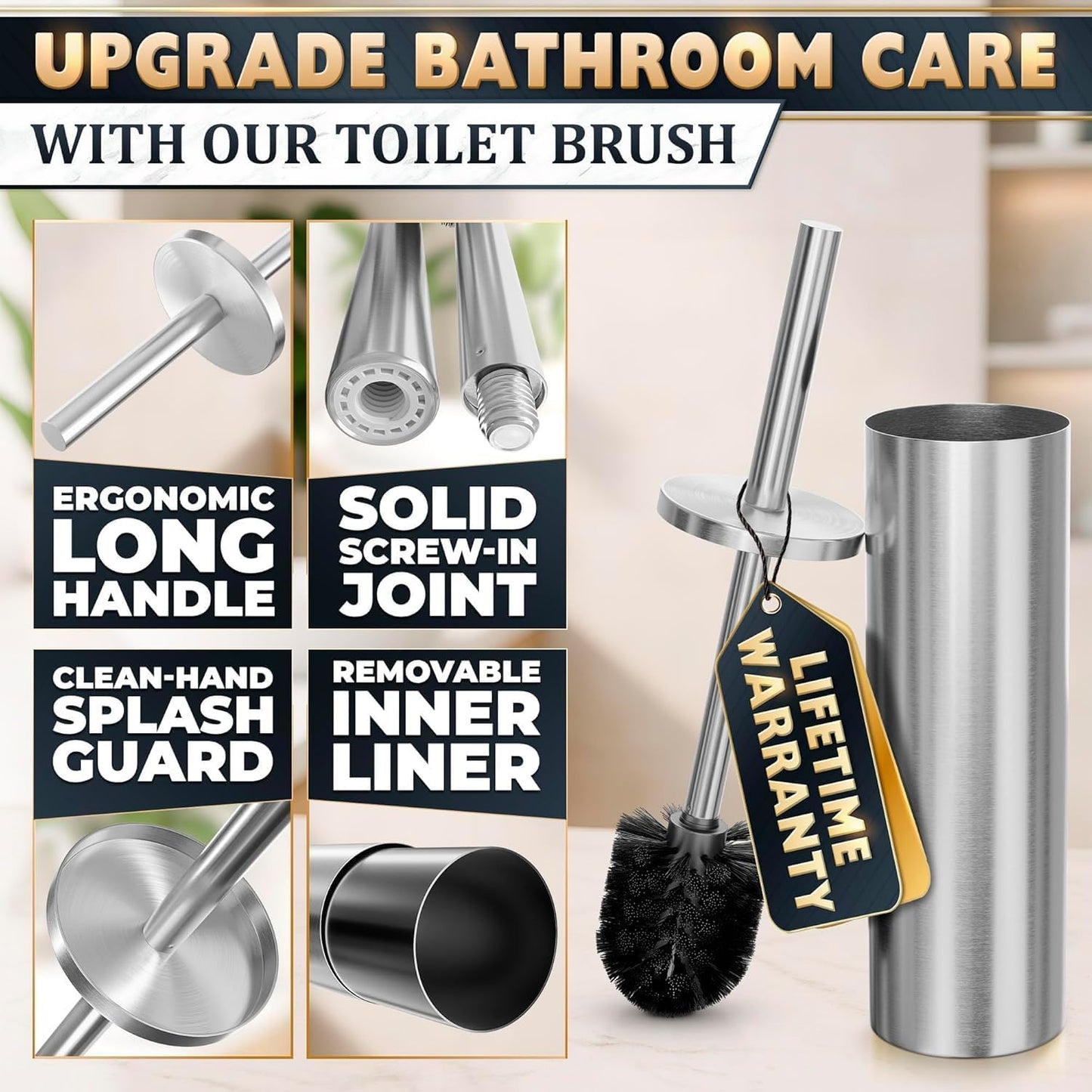 Black Toilet Brush and Holder Set - Slim Matte Design that Fits Anywhere - Stainless Steel Toilet Bowl Brush and Holder with 2 Rounded Corners, Replaceable Head, Removable Inner Bowl & Splash Guard