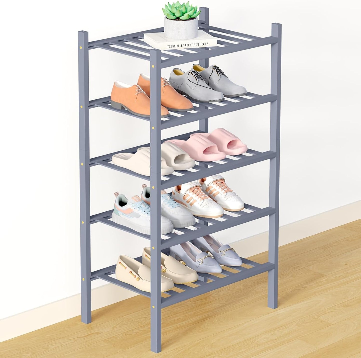 Smiry Bamboo Shoe Rack for Closet, 3 Tier Wooden Shoe Organizer, Stackable Wood Shoe Storage Shelf for Entryway, 14 Vertical Slats, One-piece Heavy-Duty Legs, 26.77"x11.02"x18.31", Natural