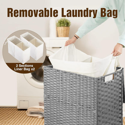 Greenstell Laundry Hamper with 2 Removable Liner Bags, Foldable Divided Clothes Hamper, 90L Handwoven Rattan Laundry Basket with Lid and Handles, No Assembly Needed, 18.3x13.3x24 Inches, Black