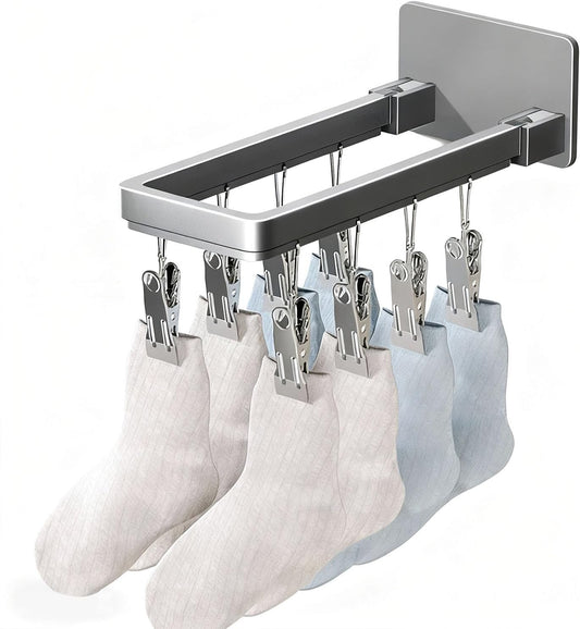 Pssopp Wall Mounted Drying Rack, Zinc Alloy Foldable Wall Clothes Rack, Space Saving Laundry Hanger 8 X 6.2 Cm for Socks Bras Underwear Towels in Laundry Room Bathroom (8 Clips (23.3cm/9.2in))