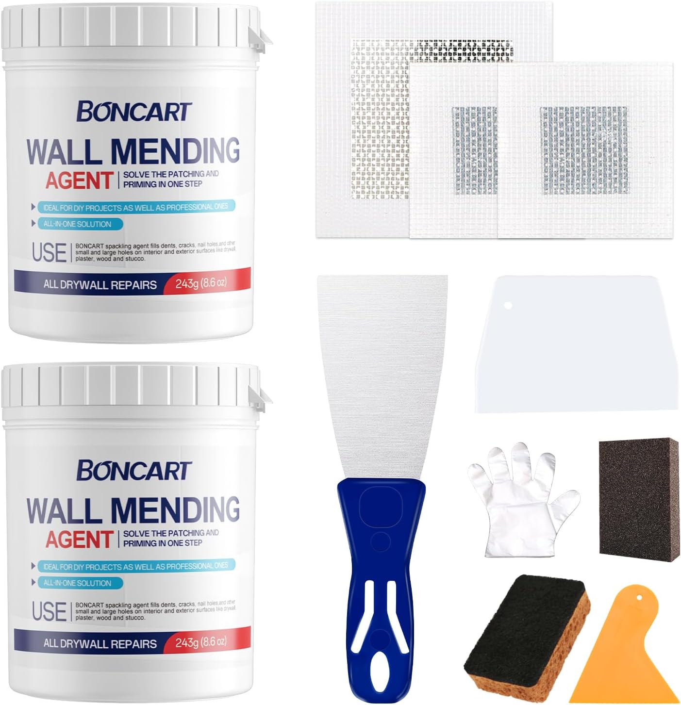 BONCART 8.6oz Drywall Patch Repair Kit - Professional All-in-1 Tool Set (Scrapers/Sandpaper/Texture Sponge/Gloves/Putty Knife) for Fast Wall Hole Repair