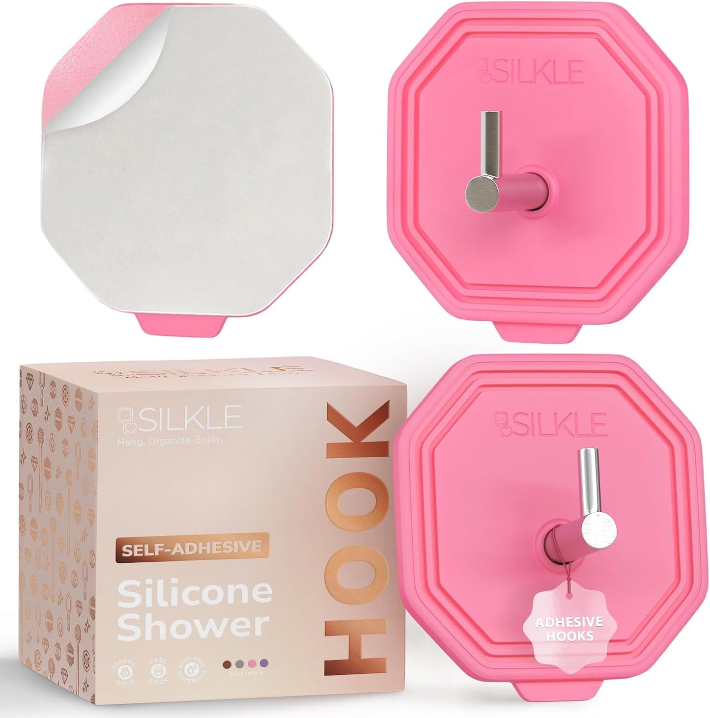 SILKLE Adhesive Silicone Shower Hooks - Adhesive Wall Hooks & Towel Holder for Bathroom, Tile, Glass, No-Drill, Waterproof & Rustproof, Heavy-Duty Stainless Steel, Damage-Free Removal - 2 Pack, Brown