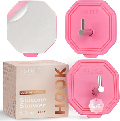 SILKLE Adhesive Silicone Shower Hooks - Adhesive Wall Hooks & Towel Holder for Bathroom, Tile, Glass, No-Drill, Waterproof & Rustproof, Heavy-Duty Stainless Steel, Damage-Free Removal - 2 Pack, Brown