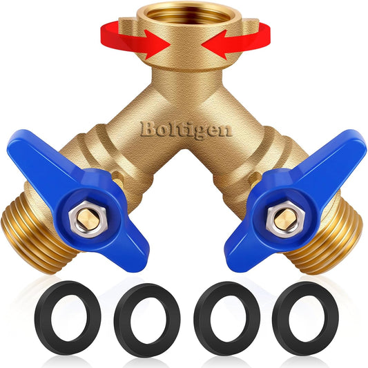 Boltigen Garden Hose Splitter Full Flow Port 2 Way Heavy Duty Brass Y Type Hose Connector 3/4'' GHT Thread Water Hose Shuf Off Valve Adapter Fitting, for Outdoor Faucet Irrigation House Sprinkler