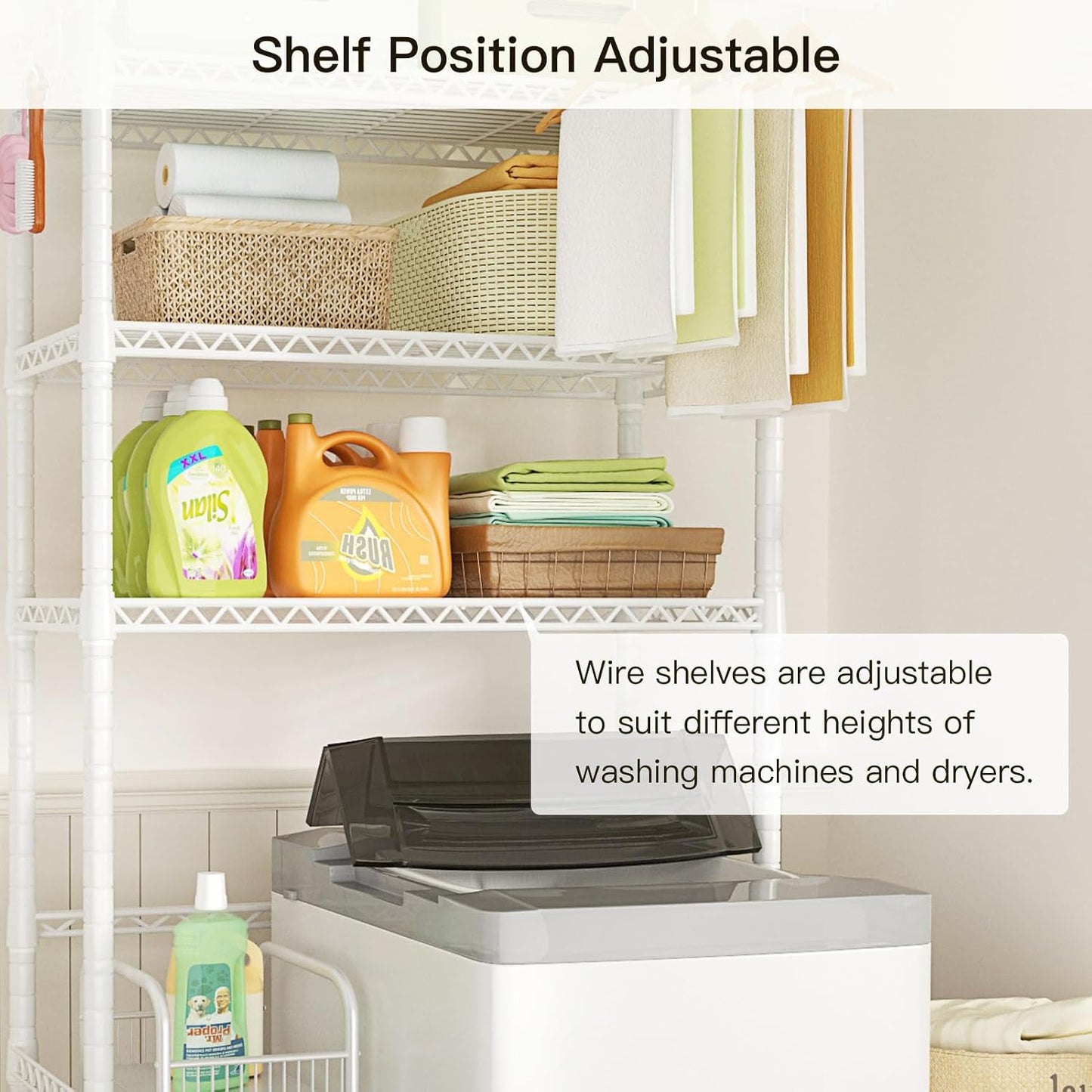 Ulif U11 Over Washer and Dryer Shelves, 3 Tiers Laundry Room Storage and Organizer Standing Shelf, Metal Freestanding Clothes Drying Rack, 33.9" W x 19.7" D x 77.6" H, Black
