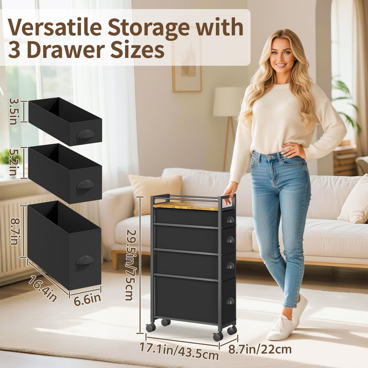 LASZOLA 5 Drawer Narrow Dresser Slim Cabinet Skinny Storage Tower Chest, Ideal for Small Spaces Bathroom, Between Washer and Dryer, Lightweight Mobile on Wheels, Sturdy Fabric Drawers, Black