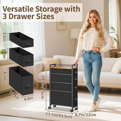 LASZOLA 5 Drawer Narrow Dresser Slim Cabinet Skinny Storage Tower Chest, Ideal for Small Spaces Bathroom, Between Washer and Dryer, Lightweight Mobile on Wheels, Sturdy Fabric Drawers, Black