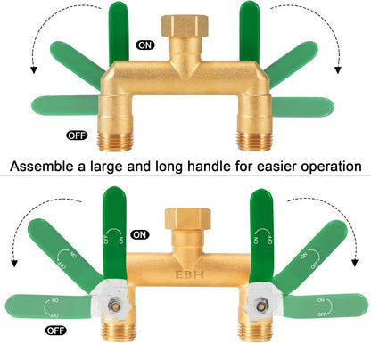 EBH Garden Hose Splitter, 2-Way High Flow Heavy Duty Brass Outdoor Hose Manifold with Extra Long Handles Full Flow Faucet Adapter- 3/4” GHT(Green)