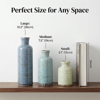 Ceramic Vase Set of 3 with Handles, Green White Neutral Rustic Modern Farmhouse Boho Decor, Versatile as Table Centerpiece or Mantel & Shelf Accent - Unique Home Gift Idea