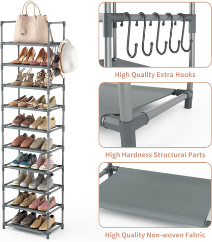LANTEFUL 10 Tiers Tall Shoe Rack 20-25 Pairs Boots Organizer Storage Sturdy Narrow Shoe Shelf for Entryway, Closets with Hooks, Black