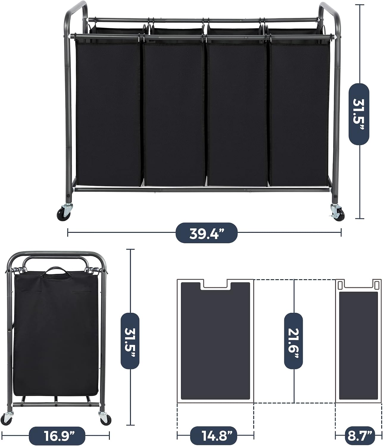 STO STO Laundry Sorter 3 Section, 3 Bag Clothes Hamper, Rolling Laundry Cart Basket with Heavy Duty Lockable Wheels and Removable Bag for Laundry Room, Bedroom, Closet, Gray