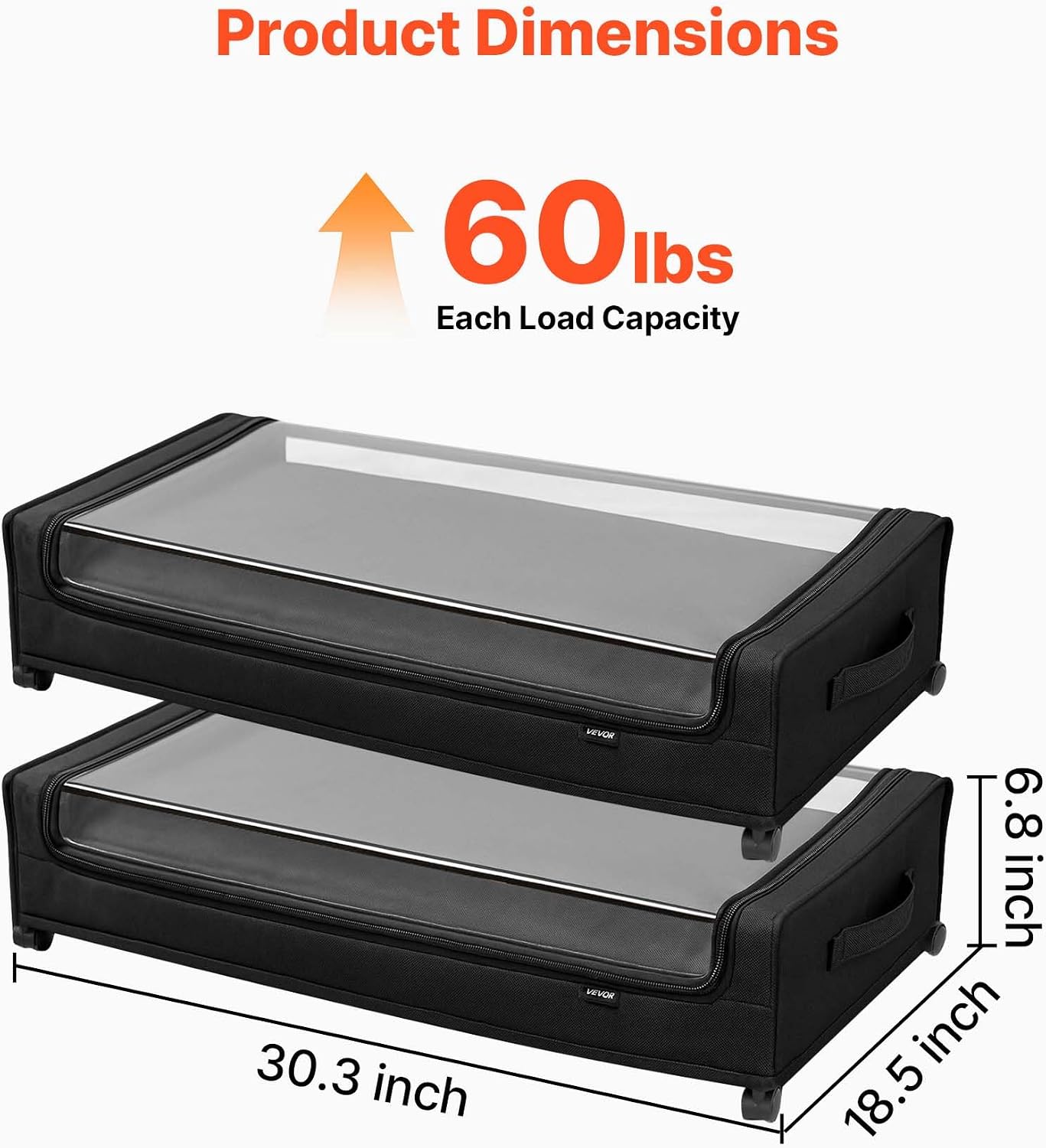 VEVOR Under Bed Storage with Wheels, 36.0 x 18.1 x 7.3 inch, Underbed Containers with Clear Lid, Underbed Shoe Organizer, Rolling Under the Bed Storage Bins for Clothes Shoes Blankets Bedroom, 2 Pack