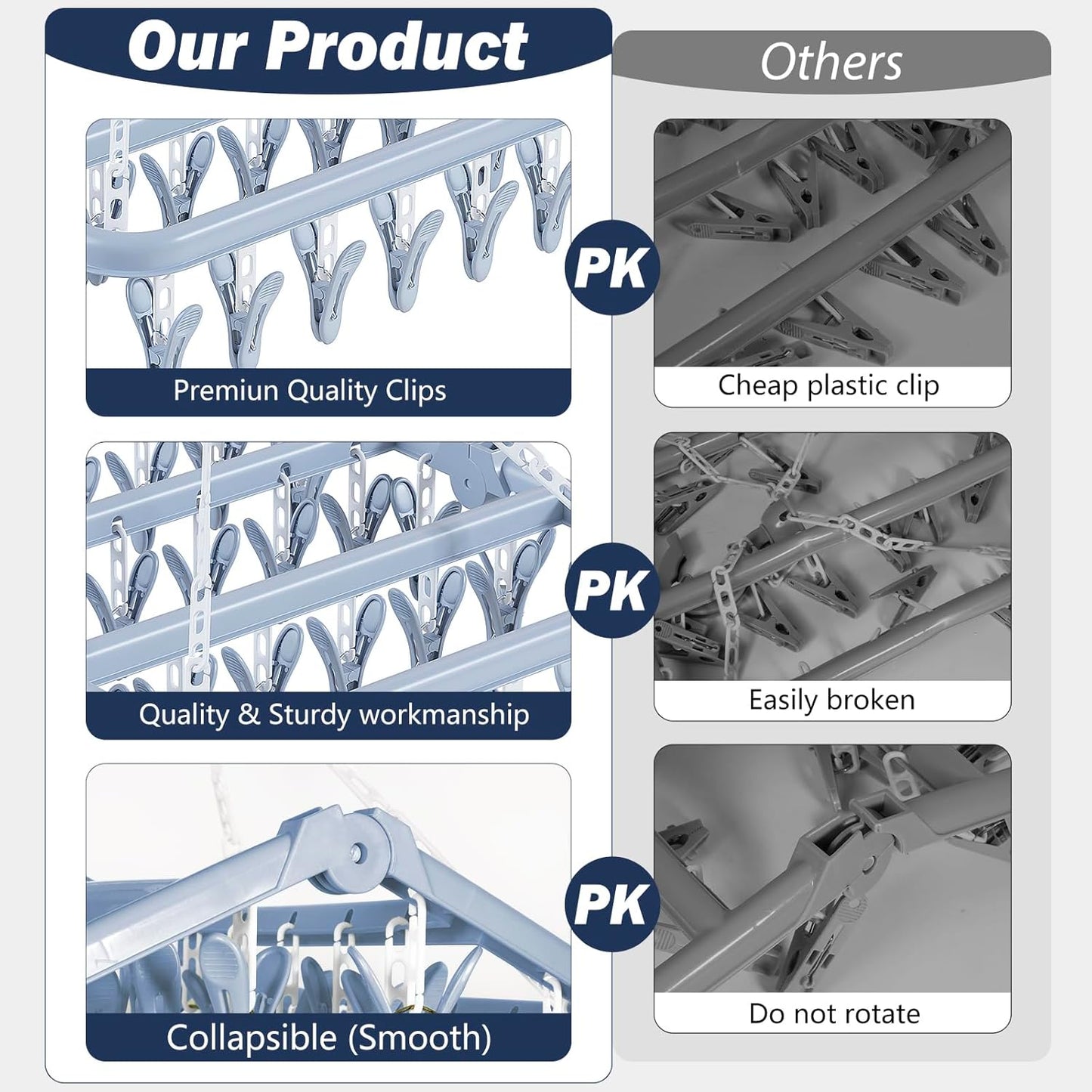 Clothes Drying Rack with 32 Clothespins, Bule Foldable Hanging Drying Racks, 360° Rotatable Hook for Drying Towels Bras Baby Clothes Gloves Plastic, Clothes Drying Foldable-Bule