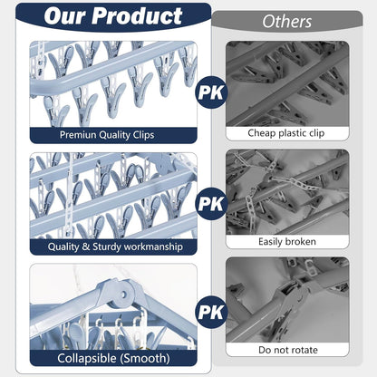 Clothes Drying Rack with 32 Clothespins, Bule Foldable Hanging Drying Racks, 360° Rotatable Hook for Drying Towels Bras Baby Clothes Gloves Plastic, Clothes Drying Foldable-Bule