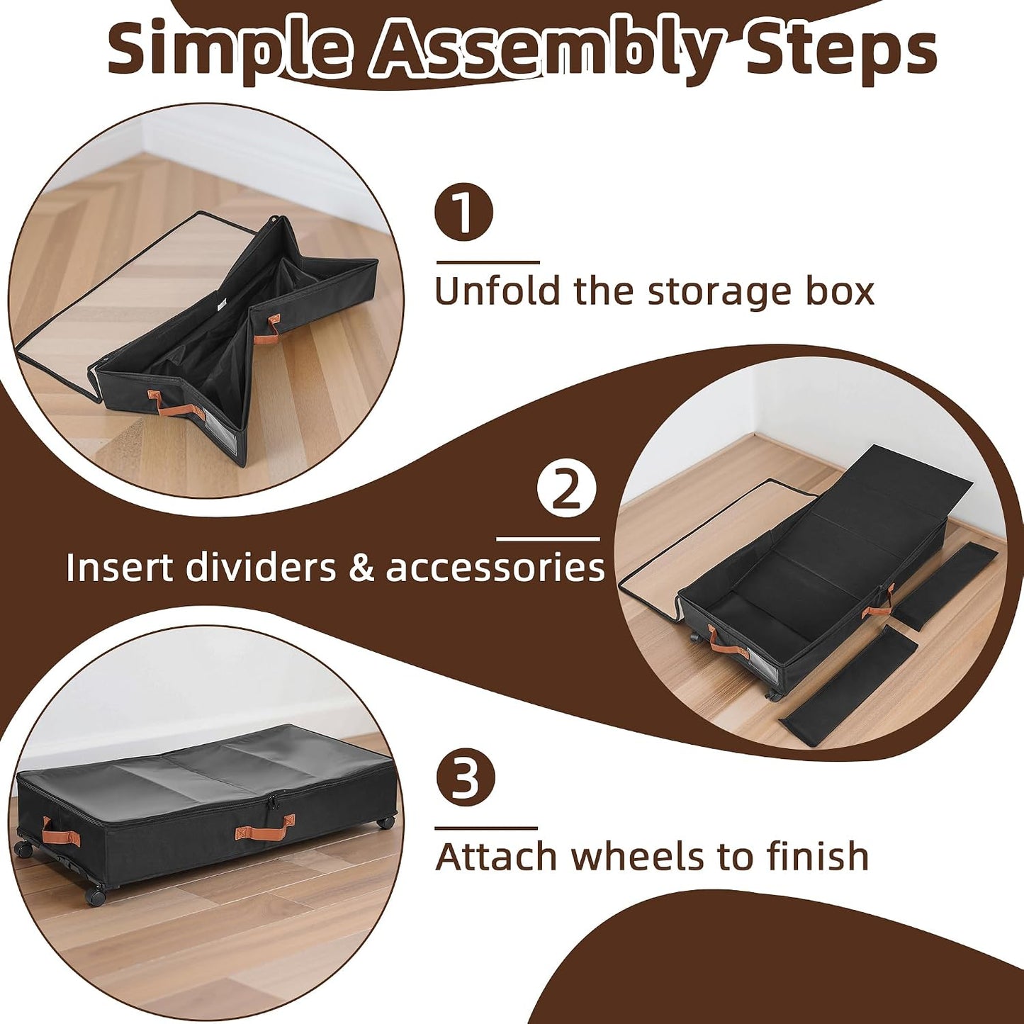 VECELO Under Bed Storage with Wheels, 2 Pack Fully Enclosed Zippered Dust Cover Bins with Clear Lids, Metal Frame and Ultra Thick Fabric Underbed Storage Organizer, Shoe Storage Box, Black
