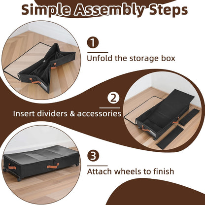 VECELO Under Bed Storage with Wheels, 2 Pack Fully Enclosed Zippered Dust Cover Bins with Clear Lids, Metal Frame and Ultra Thick Fabric Underbed Storage Organizer, Shoe Storage Box, Black