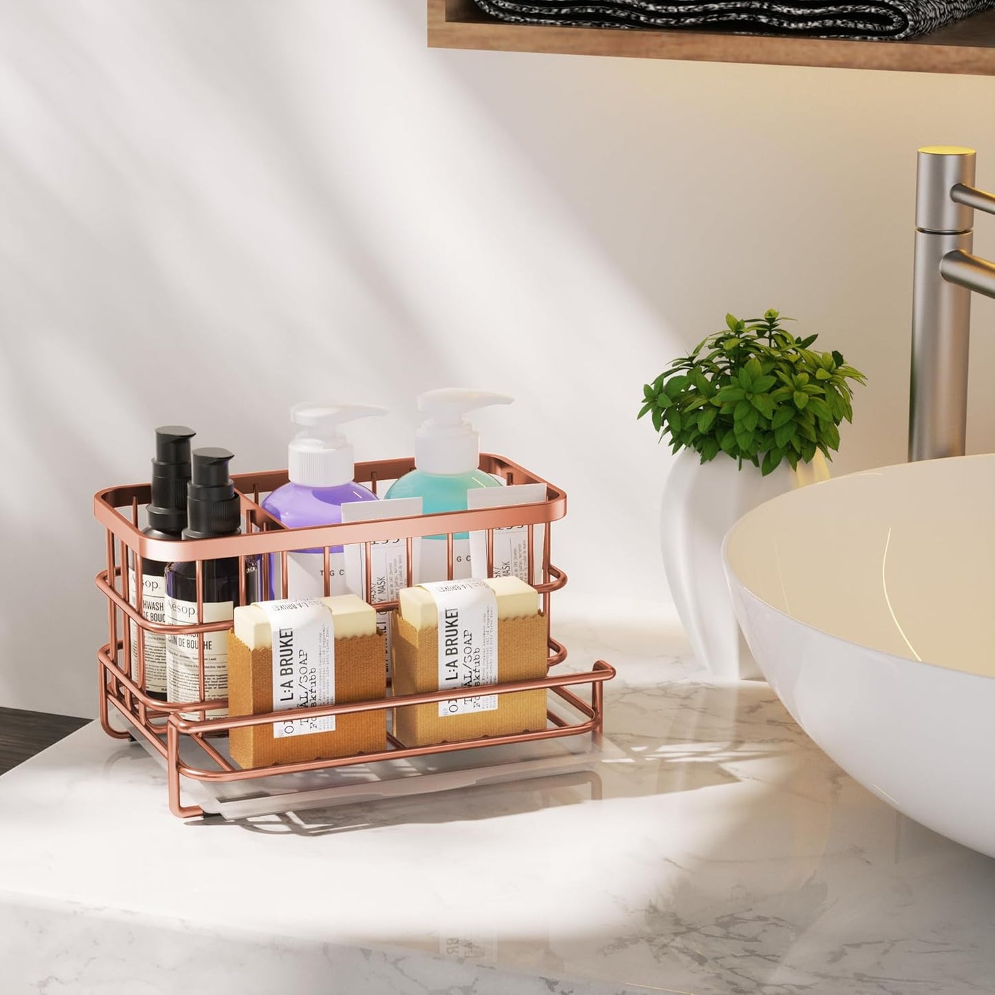 HapiRm Kitchen Sink Organizer, SUS304 Stainless Steel Rustproof Multifunctional Large Sink Caddy with Sponge Holder and Drain Tray for Kitchen Countertop (Silver)