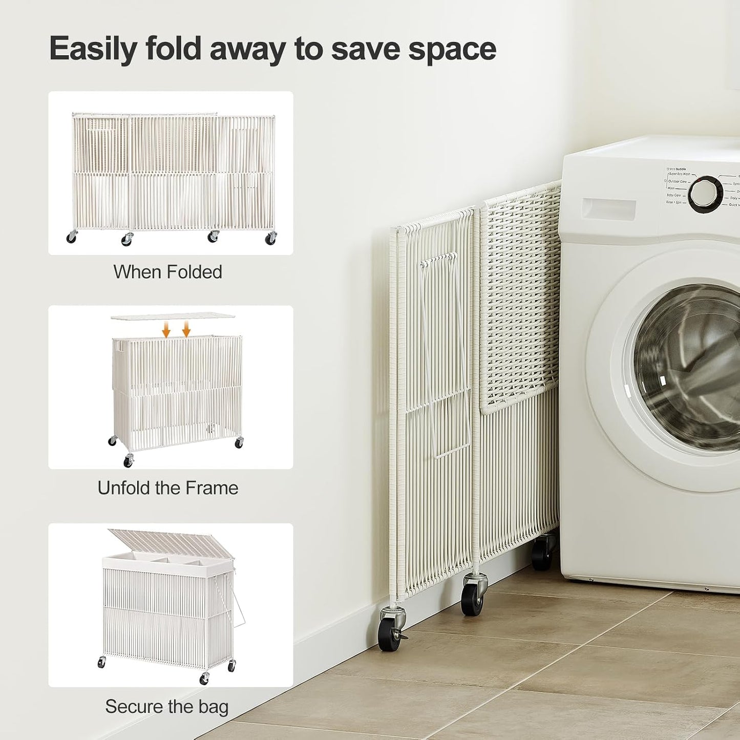 WOWLIVE Laundry Hamper with Wheels, 160L Handwoven Rolling Laundry Basket 3 Section with Lid, Clothes Hamper with Removable Liner Bags, Large Capacity Laundry Sorter Laundry Room Organization, Natural