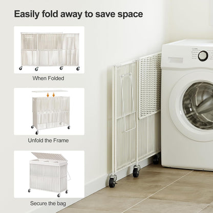 WOWLIVE Laundry Hamper with Wheels, 160L Handwoven Rolling Laundry Basket 3 Section with Lid, Clothes Hamper with Removable Liner Bags, Large Capacity Laundry Sorter Laundry Room Organization, Natural