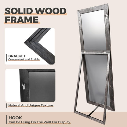 65"x22" Full Length Mirror Solid Wood Frame Floor Mirror with Stand for Living Room, Bedroom Hanging Standing or Leaning, Brown