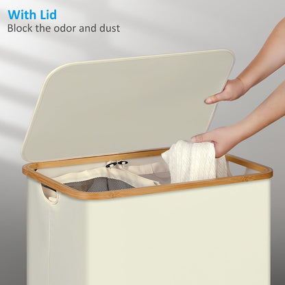 efluky Slim Laundry Basket with Lid, Narrow Laundry Hamper with Removable Bag, Skinny Dirty Clothes Basket with Bamboo Handles for Bathroom, Bedroom & Laundry Room, 75L Beige