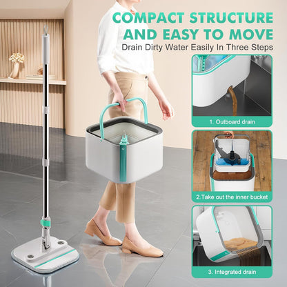 Spin Mop and Bucket Set with 2 Replaceable Microfiber Mop Pads with Self Separation Dirty and Clean Water System, Self Wringing 360° Rotating Square Mop Head for Hardwood Tile Marble Floors