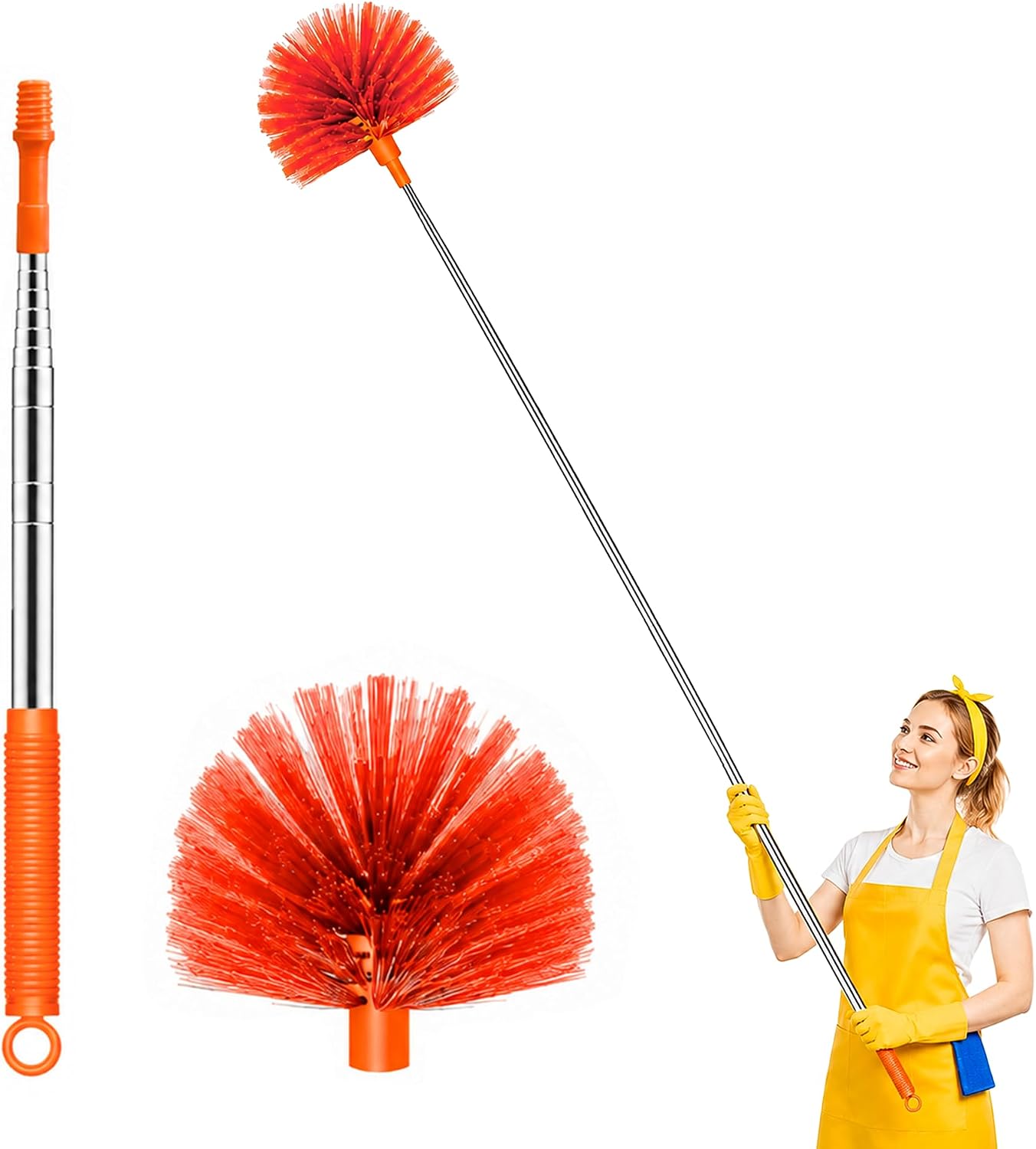 Cobweb Duster with Extension Pole, Upgraded Heavy Duty Thickened Stainless Steel Telescopic Handle for High Ceilings & Ceiling Fans, 90" Total Reach (15.7" Compact), Medium Stiff Bristles (Orange)
