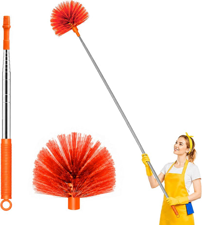 Cobweb Duster with Extension Pole, Upgraded Heavy Duty Thickened Stainless Steel Telescopic Handle for High Ceilings & Ceiling Fans, 90" Total Reach (15.7" Compact), Medium Stiff Bristles (Orange)