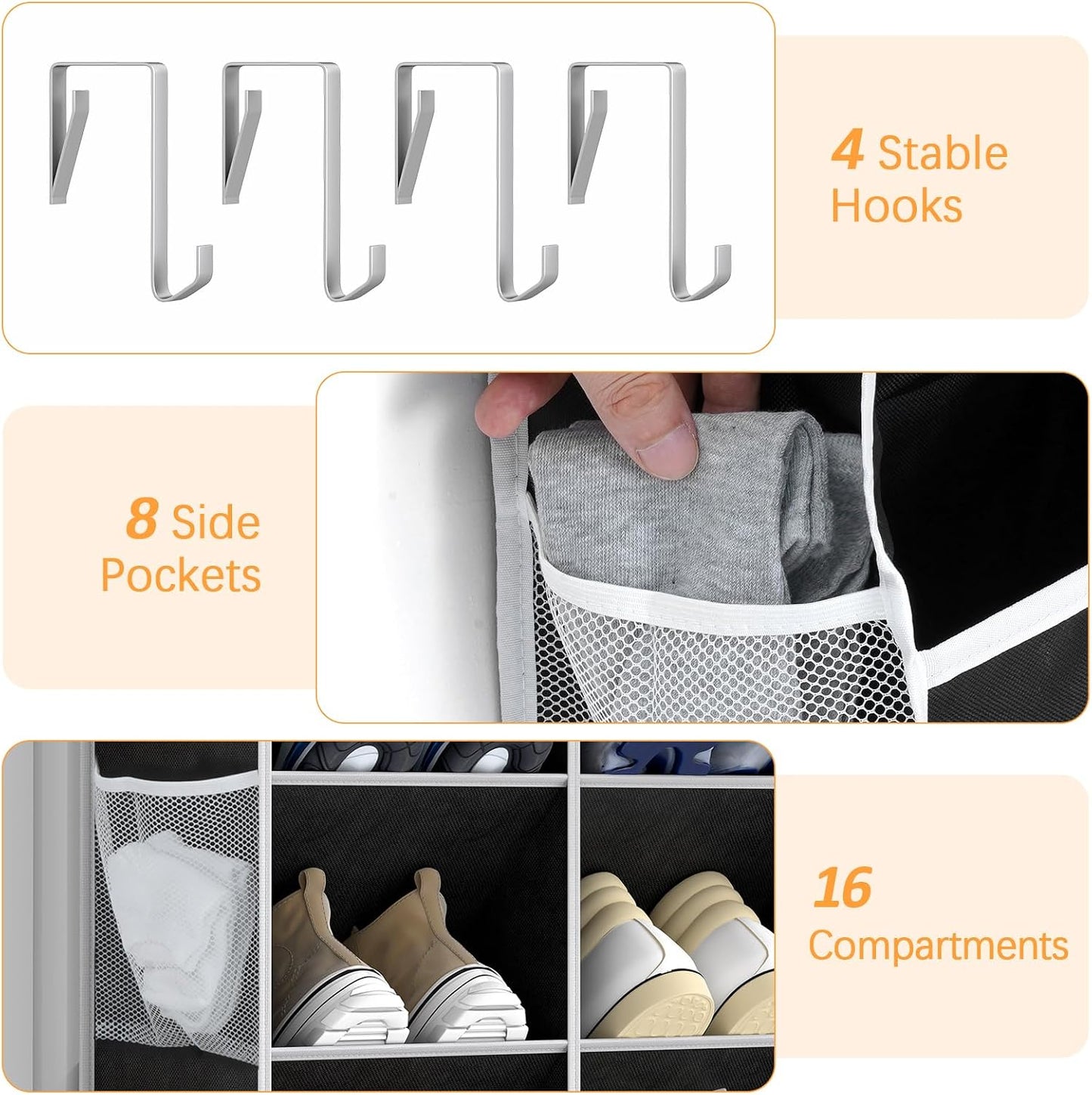 Yecaye 30 Pairs Over the Door Shoe Organizer, Large Capacity Hanging Shoe Rack for Door Hanger with Deep Pockets, Heavy Duty 10 Tier Shoe Holder for Sneakers Boots Heels College Dorm Essentials, Black