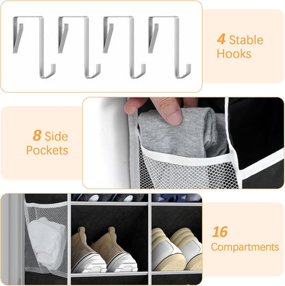 Yecaye 30 Pairs Over the Door Shoe Organizer, Large Capacity Hanging Shoe Rack for Door Hanger with Deep Pockets, Heavy Duty 10 Tier Shoe Holder for Sneakers Boots Heels College Dorm Essentials, Black