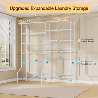 ONBRILL Expandable Over Washer and Dryer Shelves, 6 Tiers Laundry Room Organization and Storage with 2 Hanger Rods, 4 Hooks, Adjustable Height Metal Freestanding Clothes Drying Rack, Black