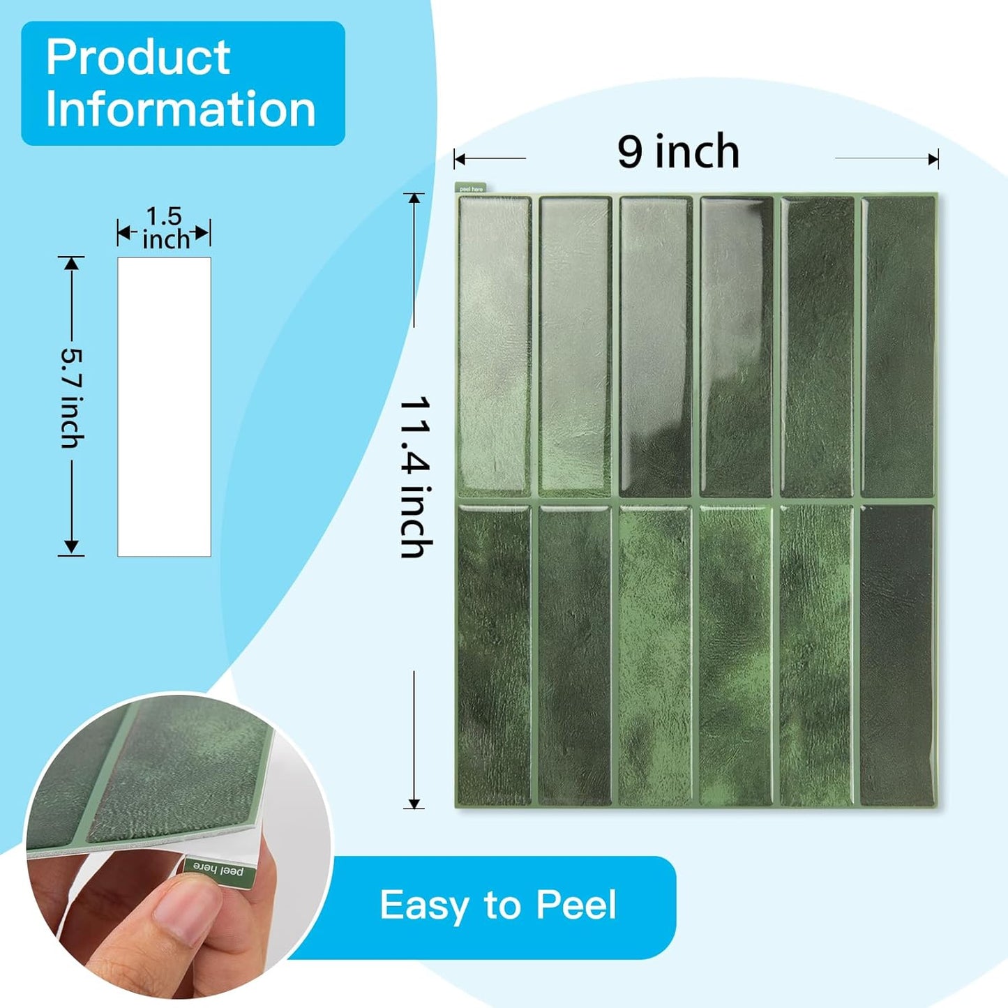 Art3d 11.4 x 9 Inch Heavy-Duty Peel and Stick Backsplash for Home Décor, 10-Pack PVC Wall Tiles for Kitchen Countertop, Green