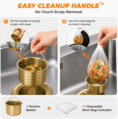 Deep Sink Strainer Basket – Fits Standard 3-1/2" Kitchen Drains – Stainless Steel Removable Strainer with 30 Disposable Mesh Bags – Makes Cleaning Food Debris Quick & Easy