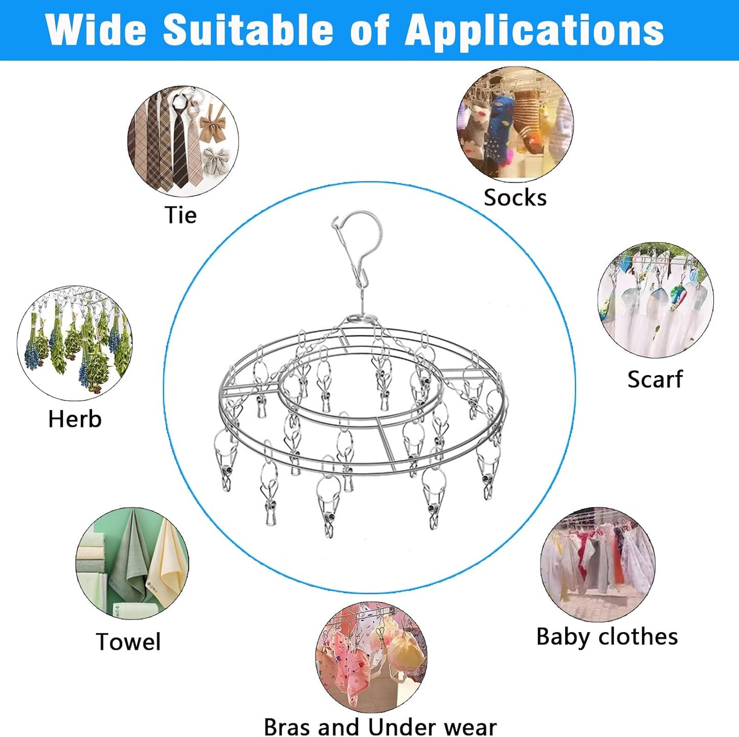 Stainless Steel Sock Drying Rack with 20 Clips, Space-Saving Dryer Rack with Pegs for Socks, Towels, Bras, Underwear Etc. Small Laundry Items