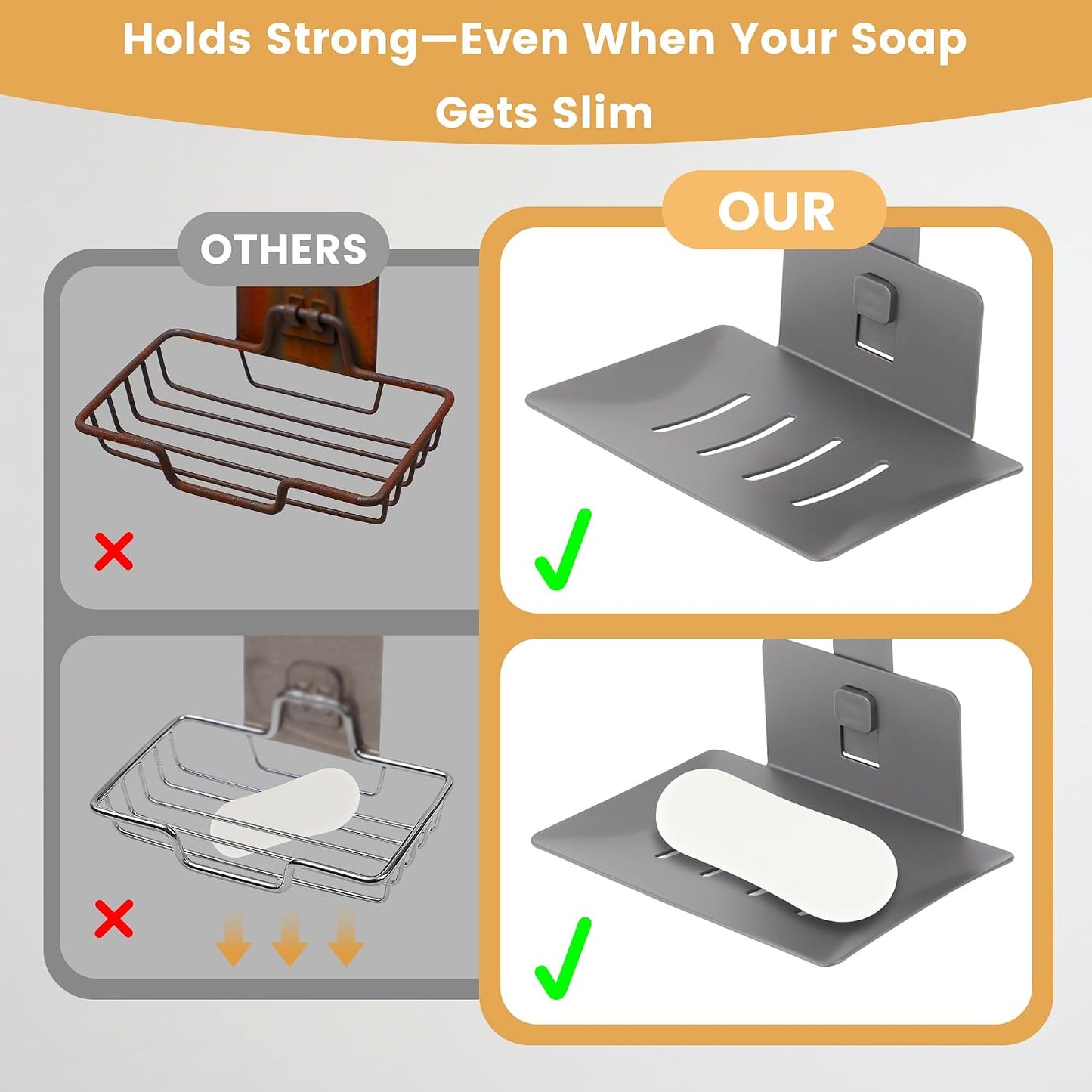 Soap Holder for Shower Wall Suction Cup Bar Soap Dish Self-Draining Wall Mounted No-Drill Rustproof & Reusable for Bathroom & Kitchen (Matte Grey)