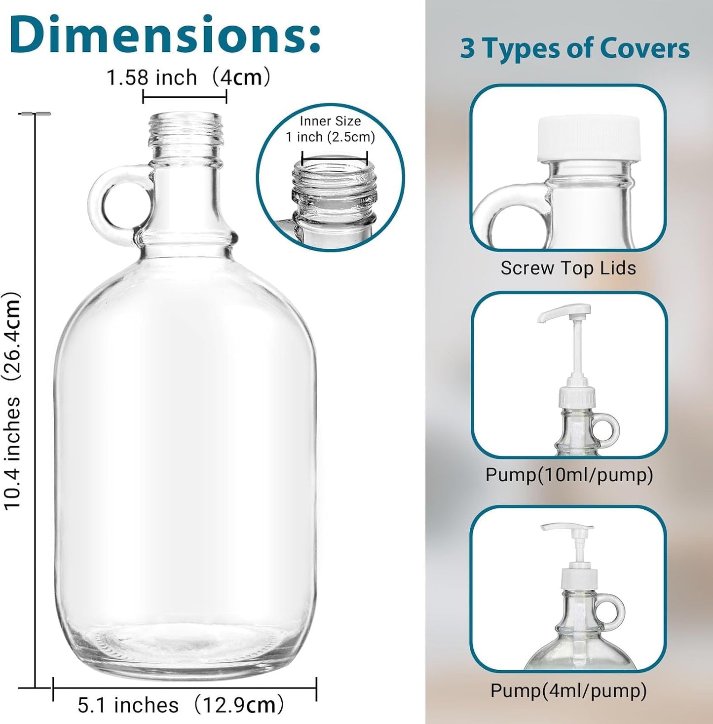 2 Pack Laundry Detergent Dispenser with Pump and Lid, 64 Oz Glass Bottles for Laundry Room Organization and Storage, Fabric Softener Dispenser for Washer