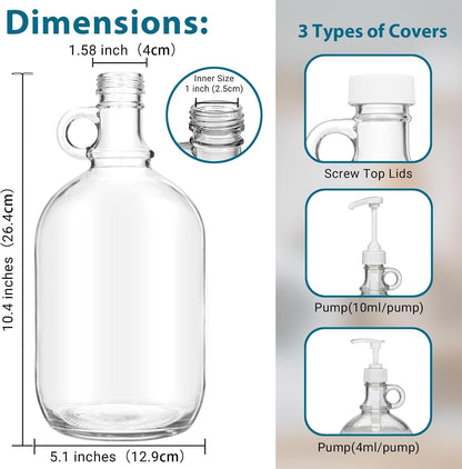 2 Pack Laundry Detergent Dispenser with Pump and Lid, 64 Oz Glass Bottles for Laundry Room Organization and Storage, Fabric Softener Dispenser for Washer
