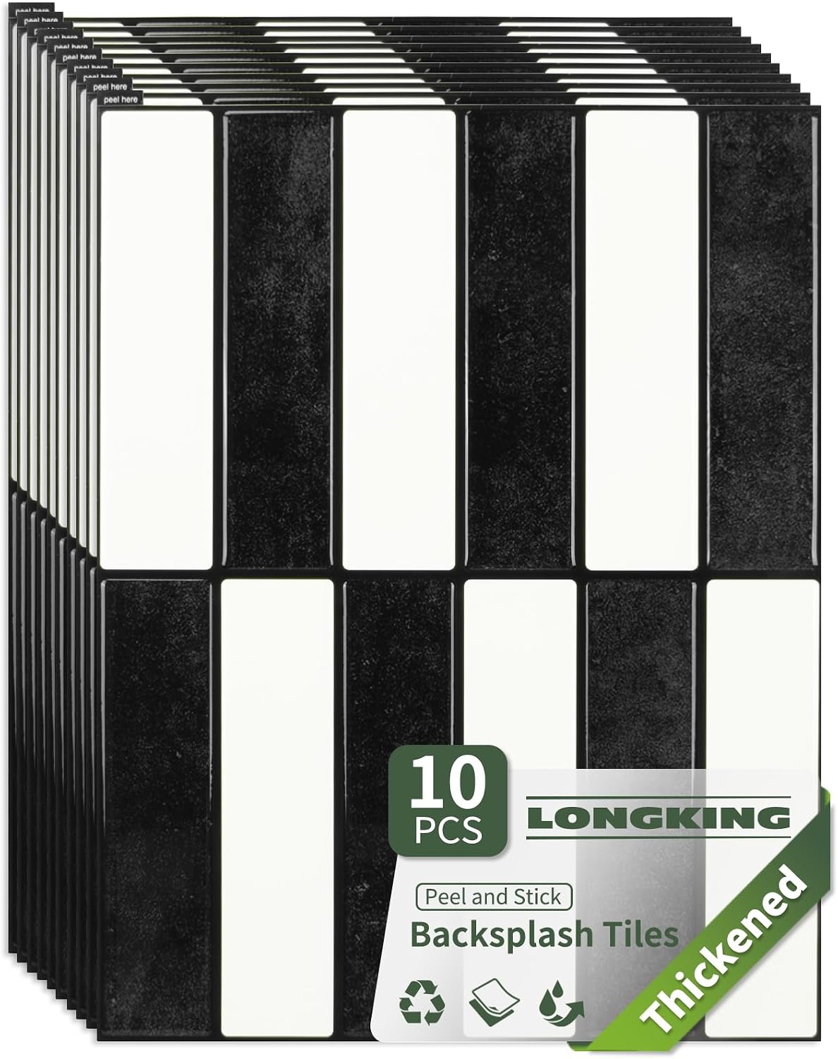 LONGKING 10-Sheet Thickened Peel and Stick Subway Tile Backsplash for Kitchen, Vertical Strip Design, Marble Tile, Waterproof Wall Sticker for Kitchen & Bathroom, Beige&White